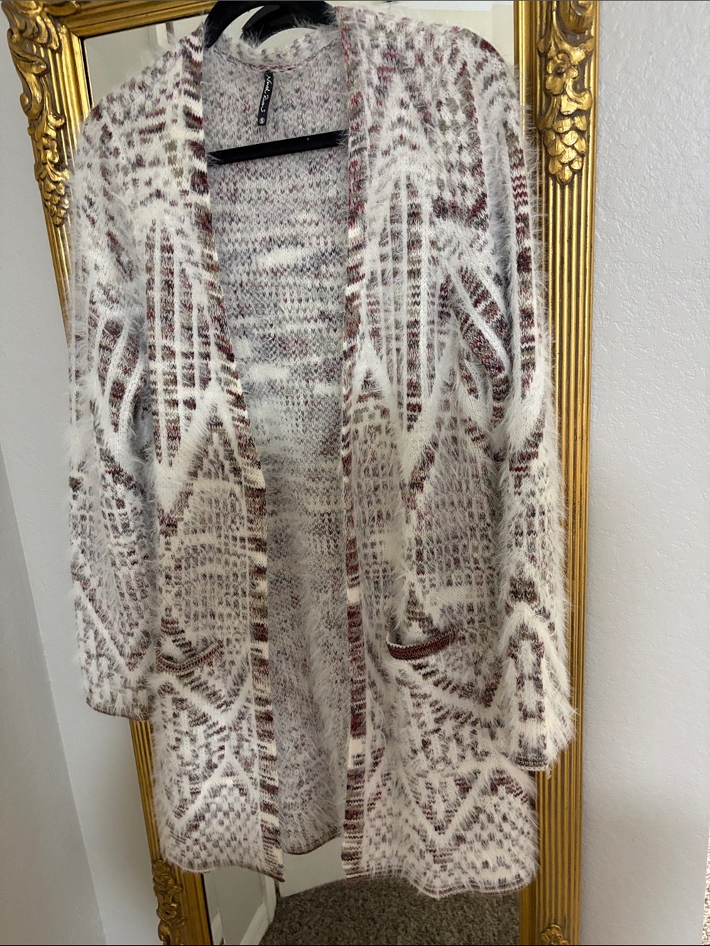 Open-Front Fuzzy Knit Cardigan in Cream and Brown
